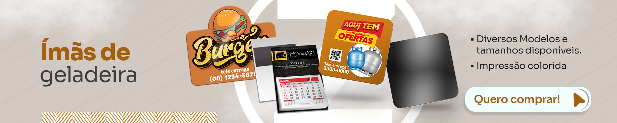 Banner promocional de ímãs de geladeira — diversos modelos e impressão colorida